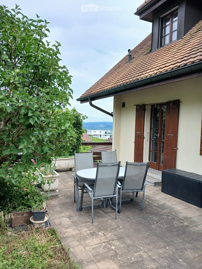 Outdoor patio with a round table and four chairs, surrounded by potted plants and greenery, with a house in the background.