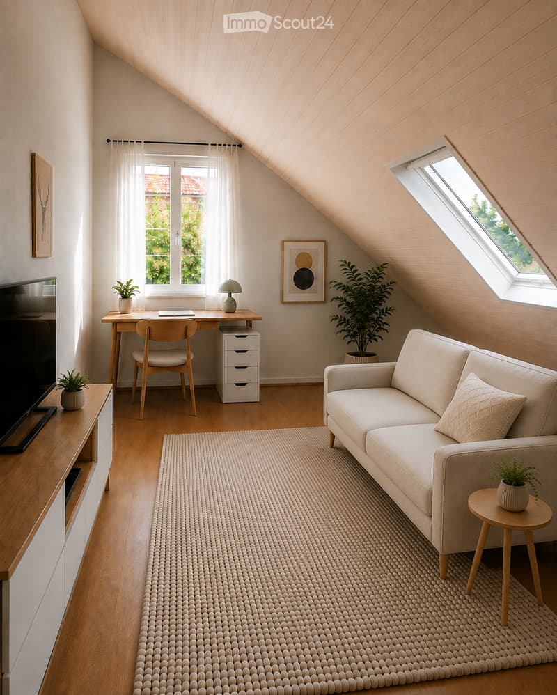 Cozy attic room with slanted wooden ceiling, large windows, sofa, coffee table, desk, chair, and plants.