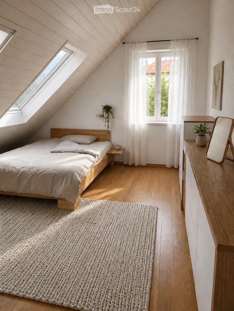 Cozy attic bedroom with wooden bed, nightstand, mirror, and a large woven rug on the floor. Skylights and a window provide natural light.