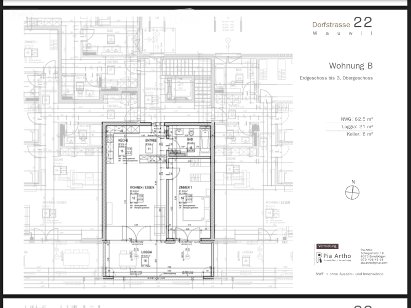 Floor plan of Wohnung B, showing kitchen, living/dining area, bedroom, bathroom, and loggia.