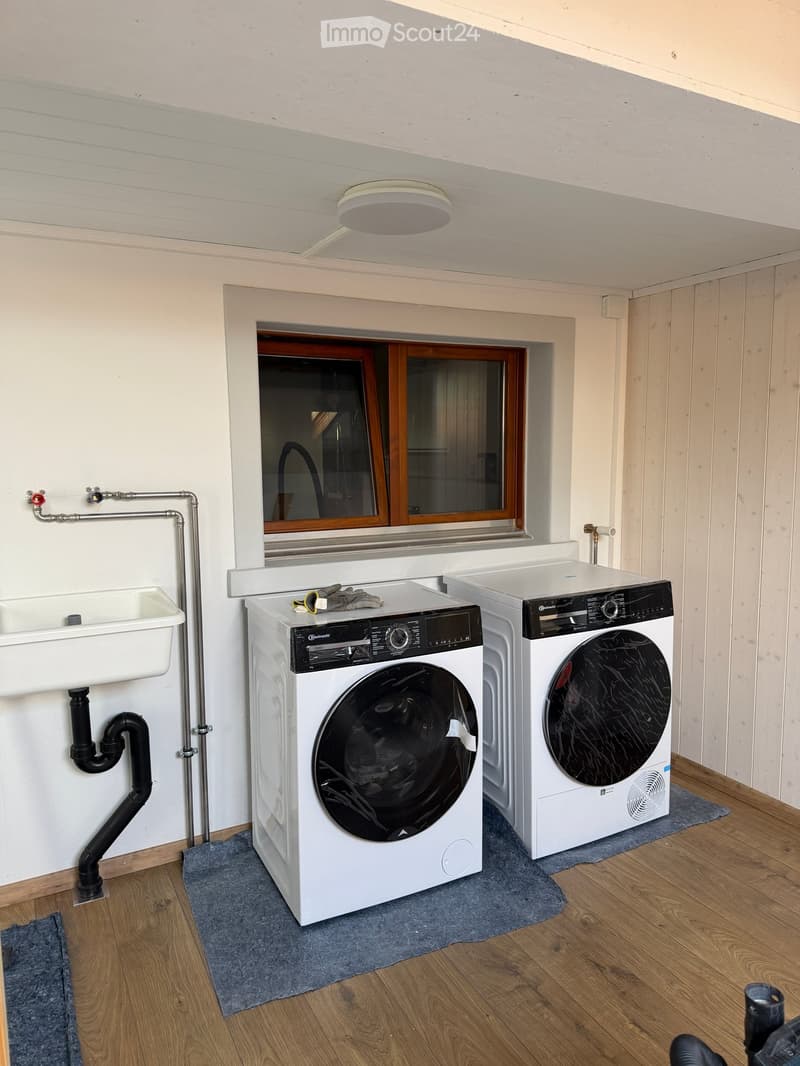 Bathroom with a washing machine, dishwasher, and sink, featuring wooden walls and a window.