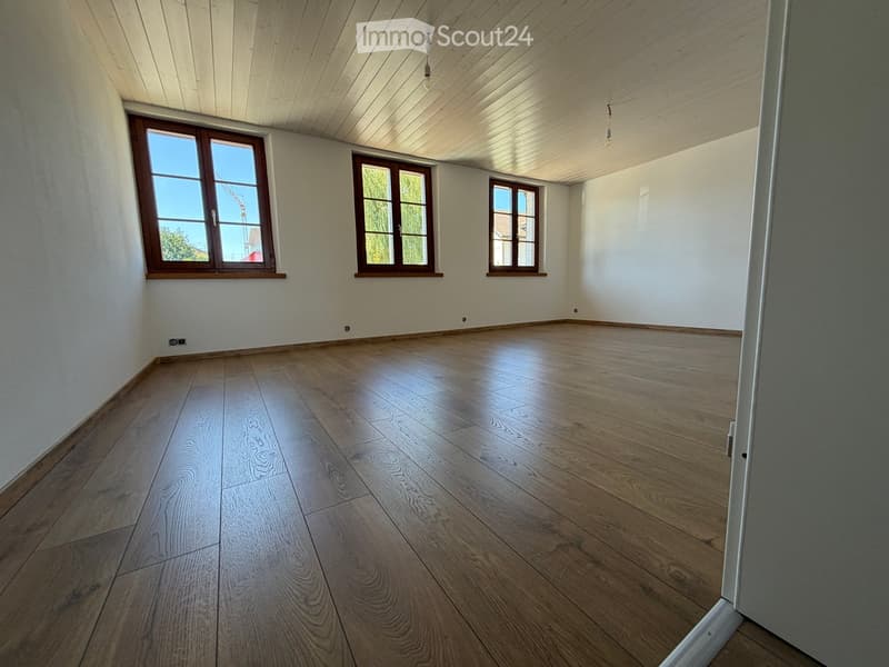 Empty room with wooden flooring, white walls, and three windows with wooden frames. Exposed wooden ceiling with hanging light fixtures.