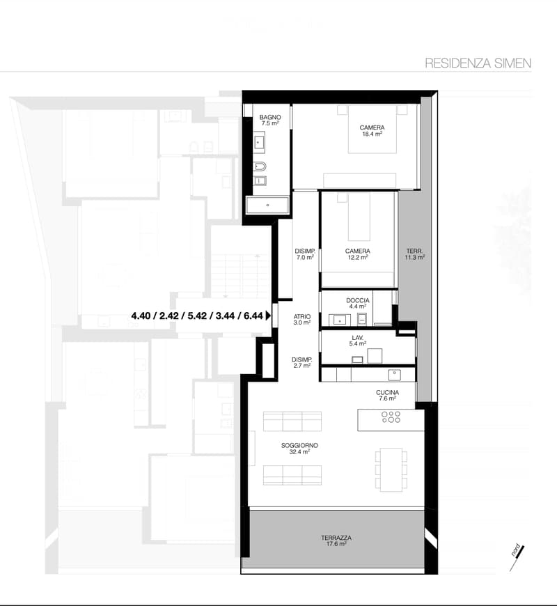 Floor plan of a residential unit with labeled rooms including living area, kitchen, bedrooms, bathrooms, and a terrace.