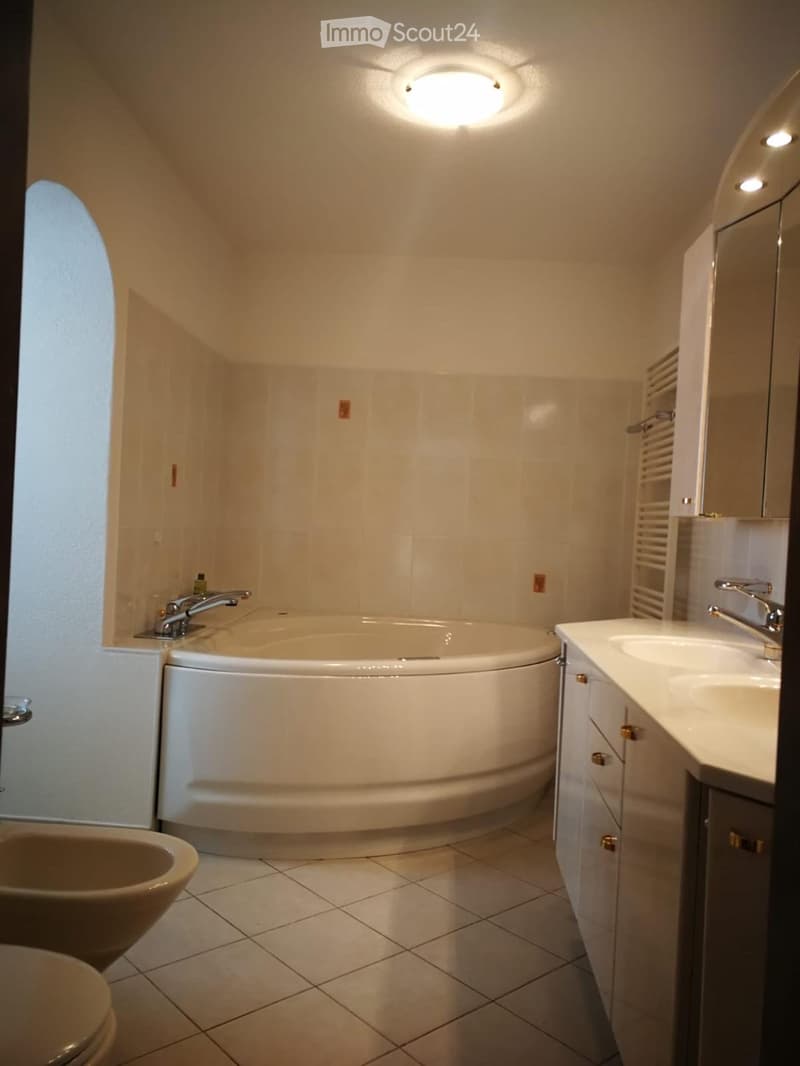 Modern bathroom with a large, oval bathtub, double sink vanity with mirrored cabinet, and a toilet. The space features tiled walls and floor, recessed lighting, and a sleek, contemporary design.