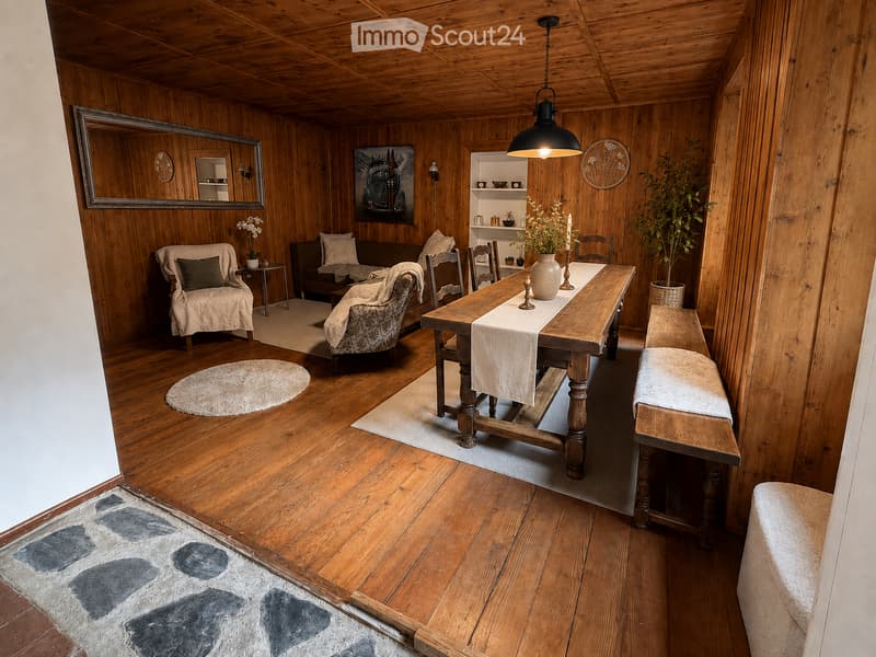 Cozy living and dining area with wooden walls and ceiling, featuring a sofa, chairs, a dining table with bench seating, a vase with flowers, a mirror, and decorative artwork.
