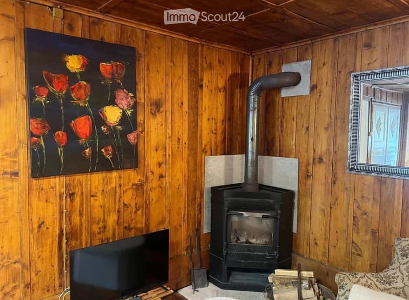 Cozy room with wooden walls and ceiling, featuring a black fireplace, a flat-screen TV, a colorful painting of flowers, and a patterned sofa.