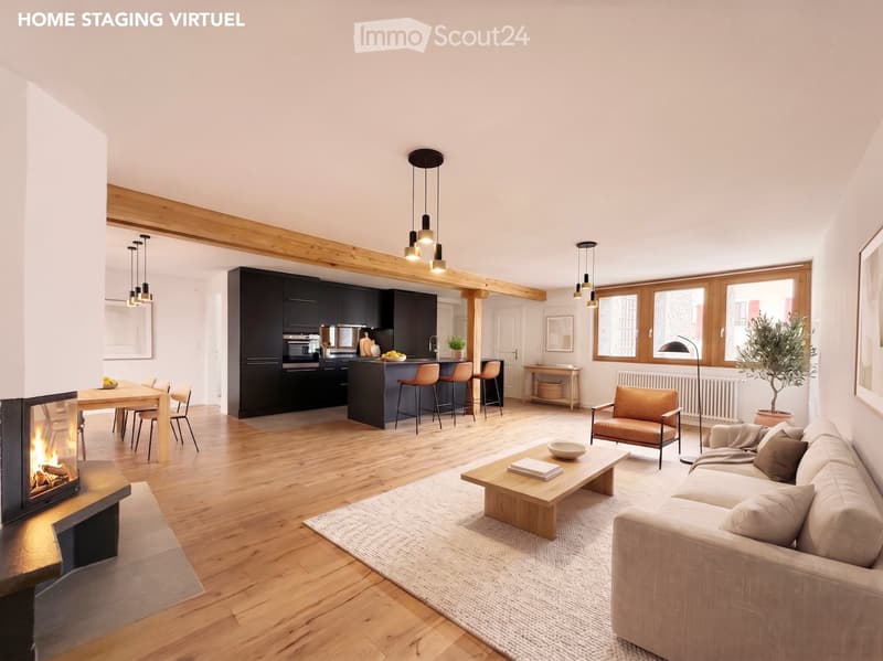 Open-plan living and dining area with a fireplace, sofa, coffee table, dining table, and kitchen island with bar stools.