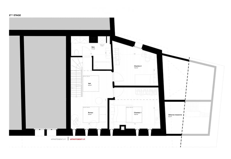 Floor plan of the second floor showing a bathroom, hallway, two bedrooms, an office, and a mezzanine area.
