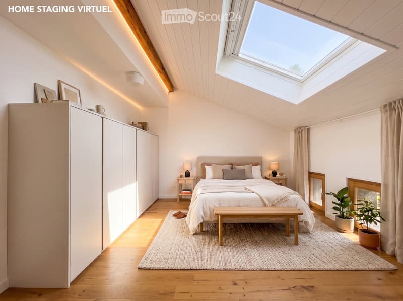 Bright, airy bedroom with wooden floors, white walls, and skylights. Features a large bed with pillows and a blanket, a bench at the foot, nightstands with lamps, a potted plant, and built-in cabinets.