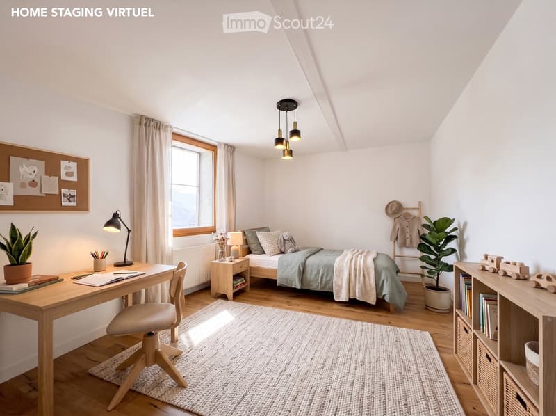 Cozy bedroom with a slanted ceiling, featuring a bed with pillows and a blanket, a wooden desk with a chair, a nightstand with a lamp, and a bookshelf with books and toys. The room includes a large window with curtains, a potted plant, and a cozy rug on t