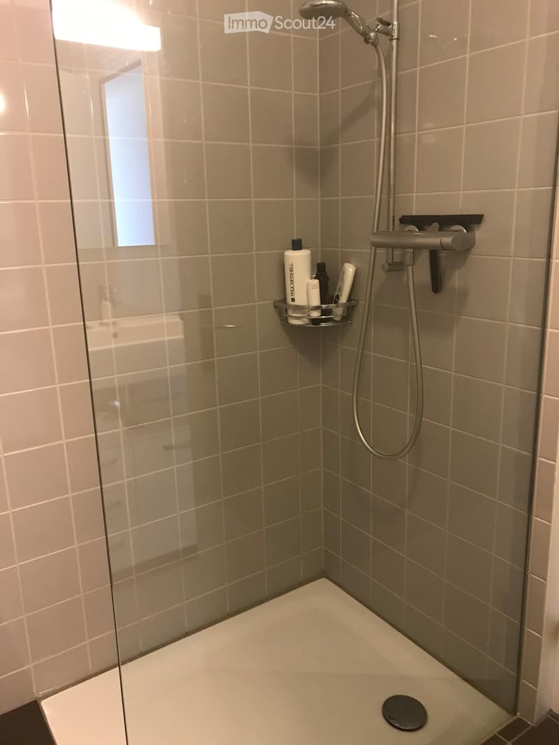 Modern shower area with tiled walls, glass enclosure, and a built-in shelf holding toiletries.