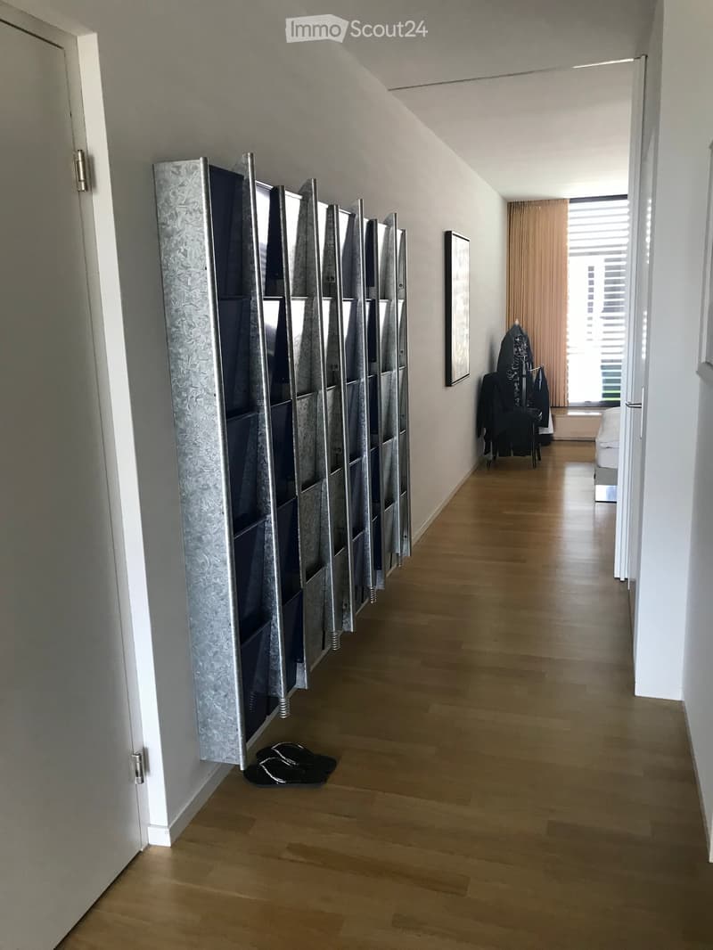 A narrow hallway with wooden flooring, white walls, and a large metal clothing rack on the left side. A pair of black shoes is placed on the floor near the rack. The hallway leads to a bedroom area with a bed and a window with curtains.