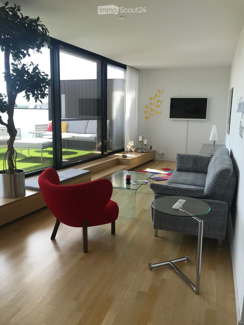 Modern living room with wooden flooring, large windows, grey sofa, red chair, glass coffee table, TV, and decorative items.