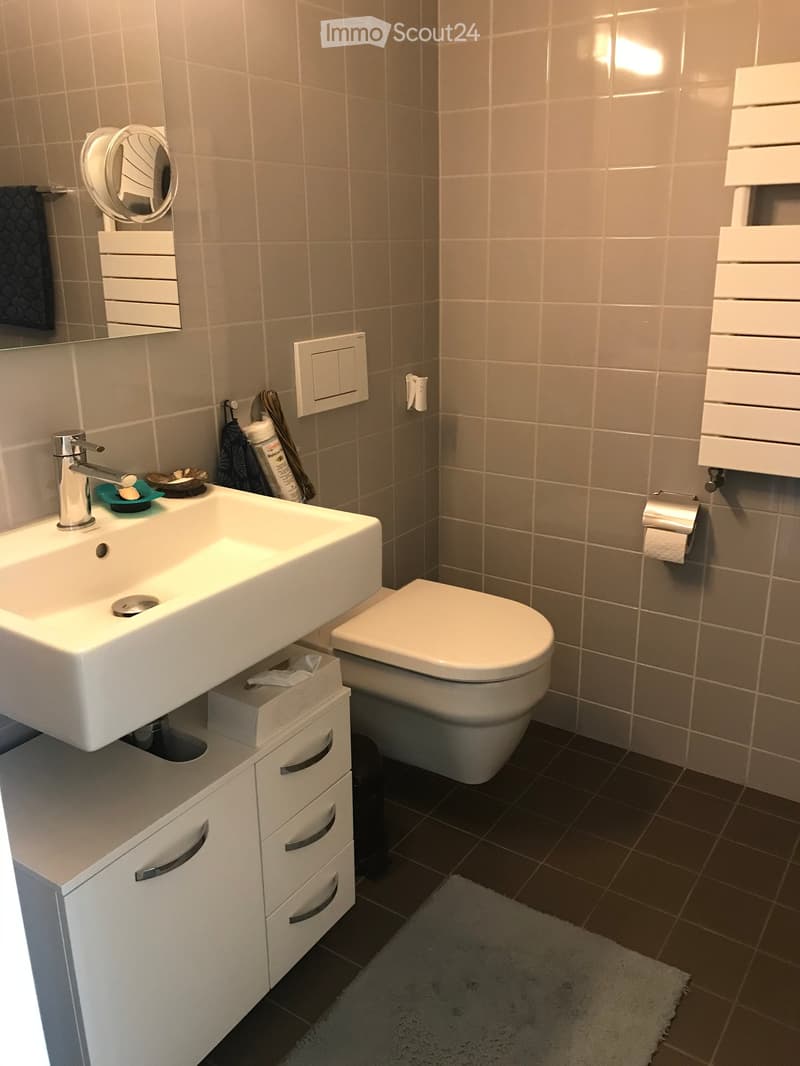 Modern bathroom with a white sink, chrome faucet, toilet, mirror, towel rack, and a small white rug on the floor.