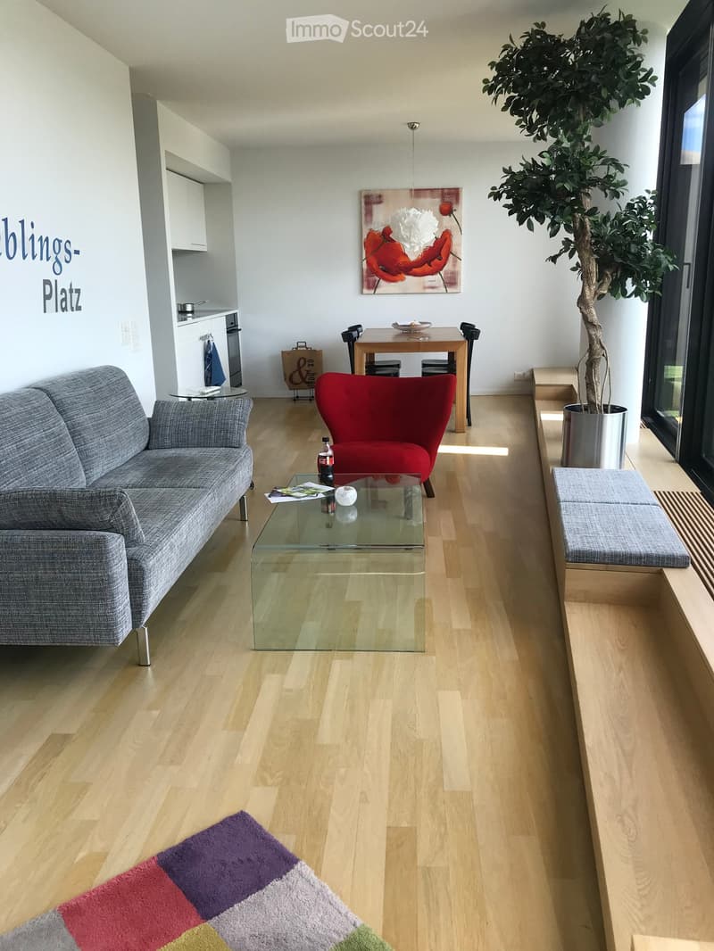 Modern living room with light wooden flooring, grey sofa, red armchair, glass coffee table, small round table, and a colorful rug.