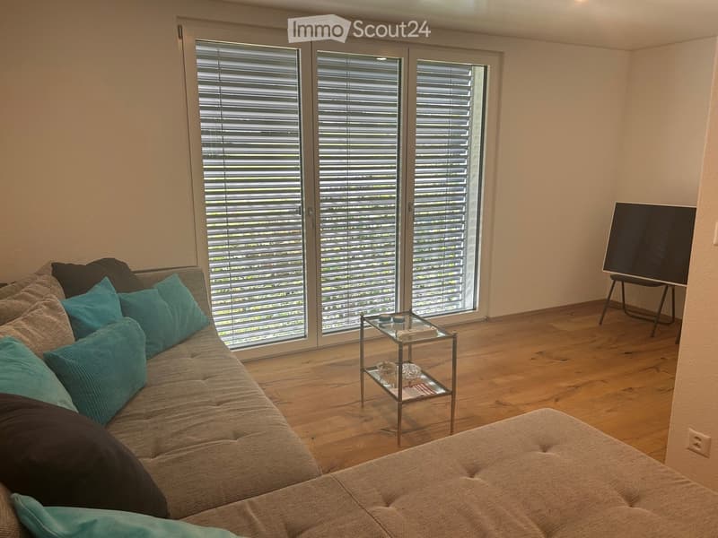 Living room with a grey sectional sofa, teal throw pillows, a glass coffee table, and large windows with blinds.