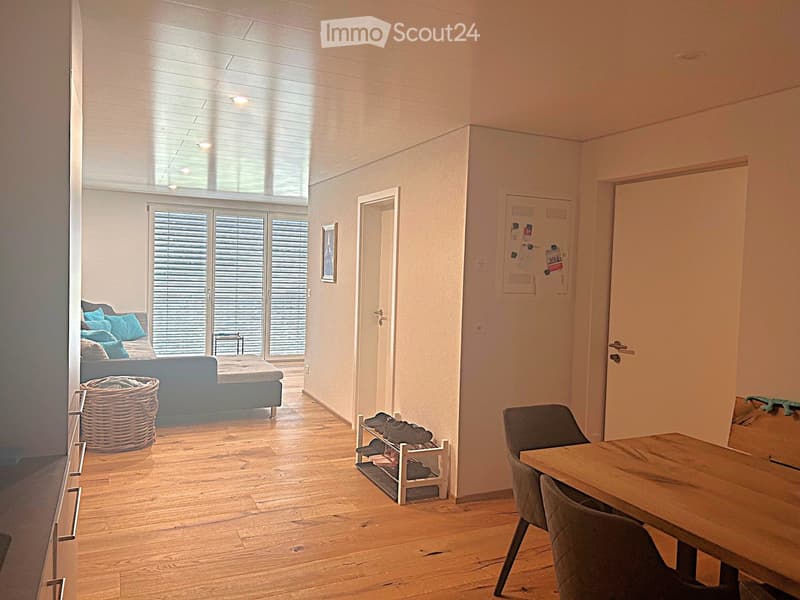 Bright, open living space with wooden flooring, large windows, a sofa with pillows, a dining table with chairs, a woven basket, and a shoe rack.