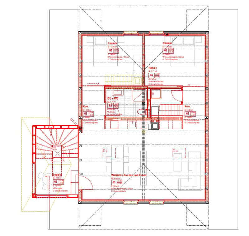 Floor plan of a residential building with multiple rooms including living, kitchen, bedrooms, and bathrooms.