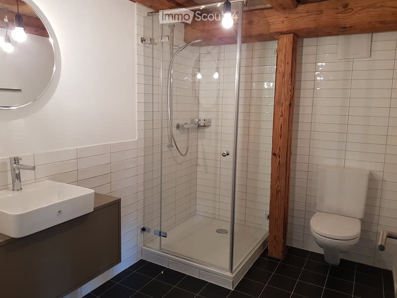 Modern bathroom with white tiles, a glass-enclosed shower, a white sink with a chrome faucet, and a toilet. Exposed wooden beams on the ceiling and a round mirror above the sink.