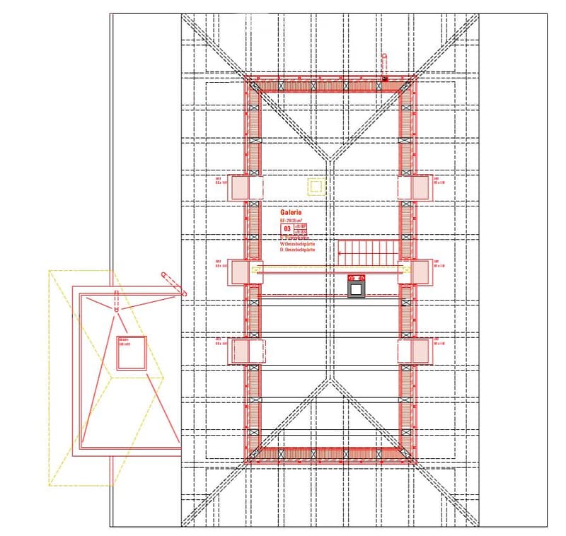 Floor plan showing a gallery area, residential spaces, and structural elements with labeled dimensions and room names.