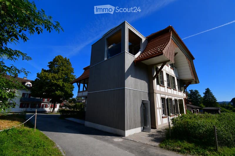 A modern two-story house with a combination of traditional and contemporary architectural elements, featuring a grey facade, red-tiled roof, and large windows. The house is surrounded by greenery and trees.