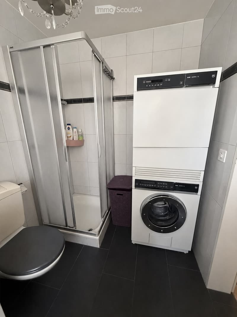 Modern bathroom with a toilet, shower, washing machine, and a small shelf holding shampoo bottles.