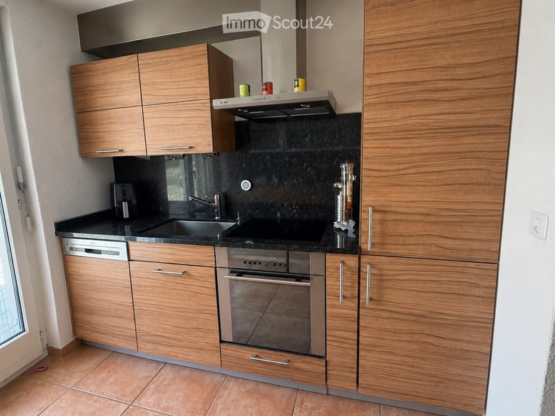 Modern kitchen with wooden cabinets, stainless steel appliances, black countertop, and a double sink.