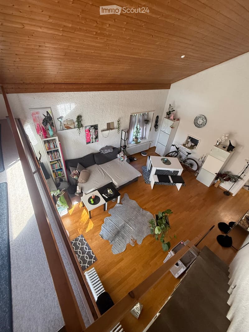A modern living room with wooden flooring, a grey sofa, coffee tables, a bookshelf, a bicycle, and decorative plants.