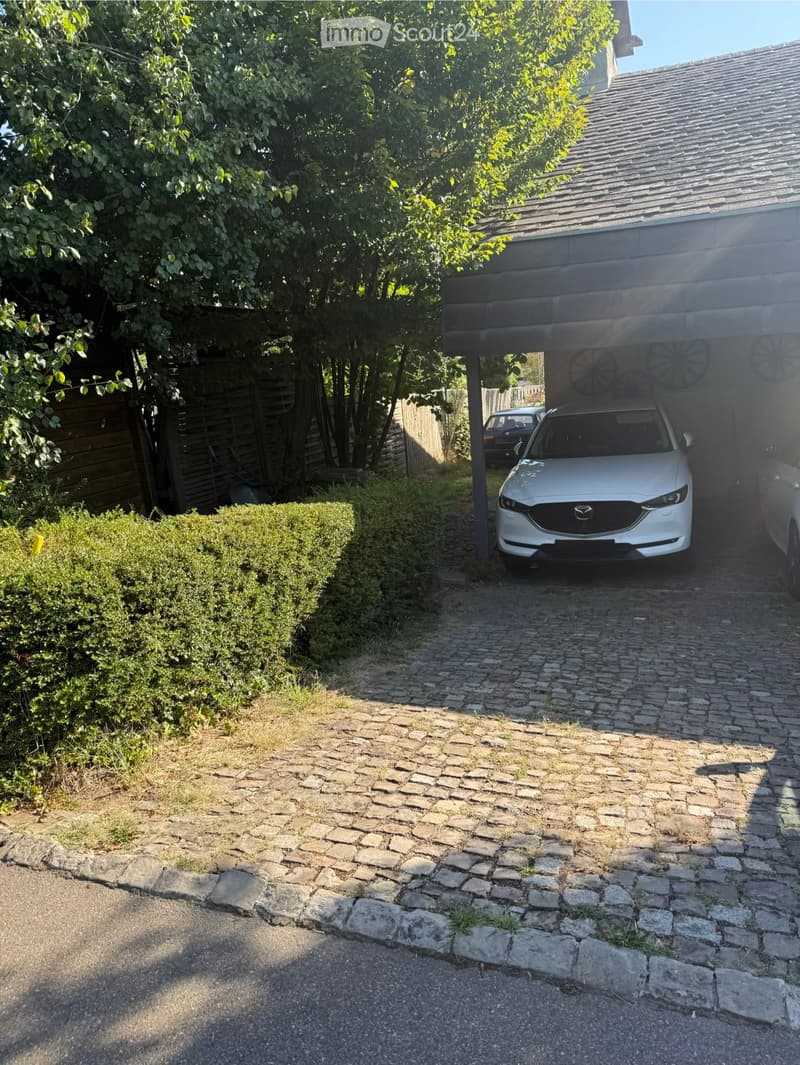 A driveway leads to a garage with a white car parked inside. The area is surrounded by greenery, including a large tree and a neatly trimmed hedge.