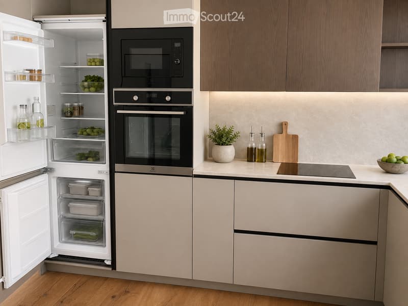 Modern kitchen with light wood cabinets, stainless steel appliances, and a white refrigerator with open doors showing food items inside. Countertop features a potted plant, bottles, and a bowl of fruit.