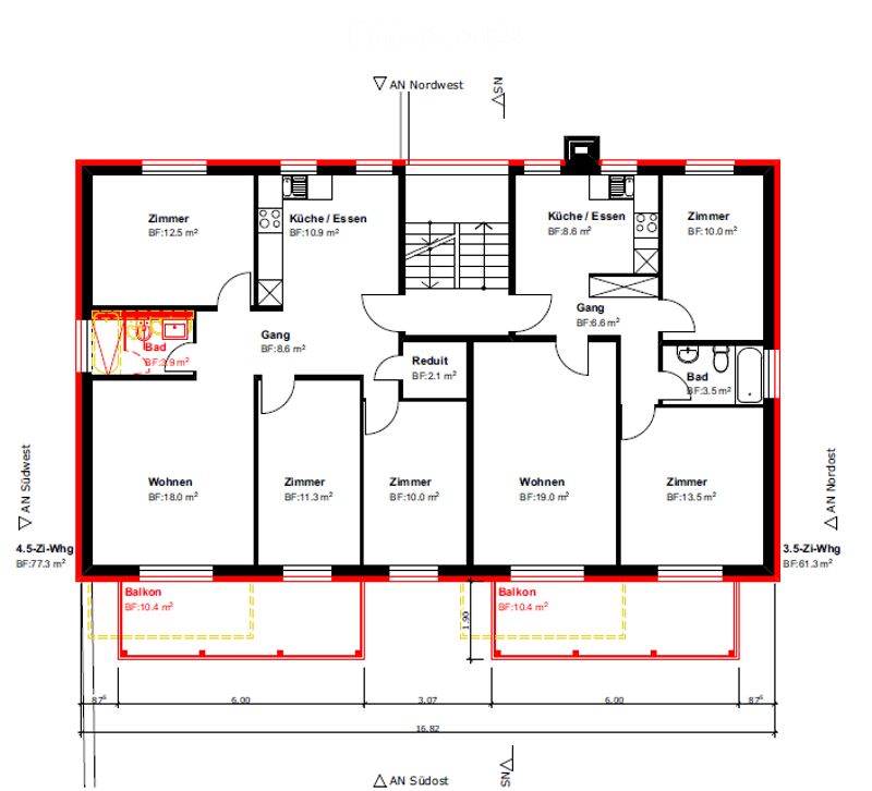 Floor plan of a two-apartment building with labeled rooms including bedrooms, living rooms, kitchens, bathrooms, and balconies.