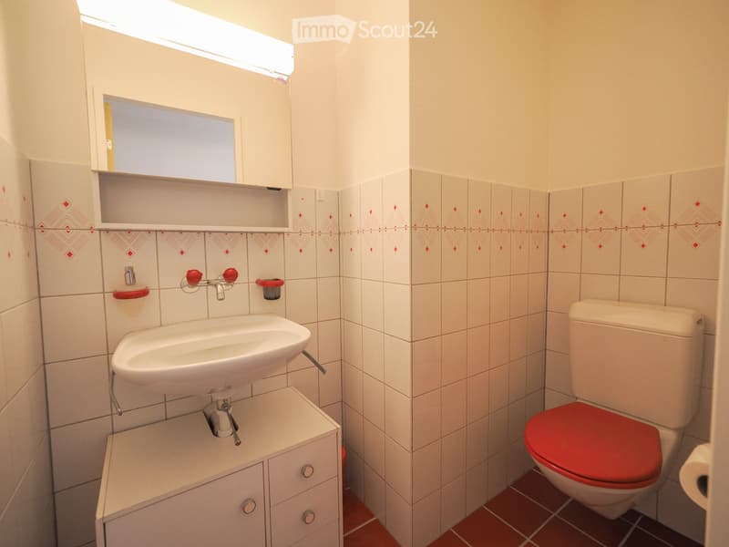 Bathroom with white tiled walls, red diamond-patterned border, white sink with red handles, white toilet with red seat, and a small white cabinet beneath the sink.