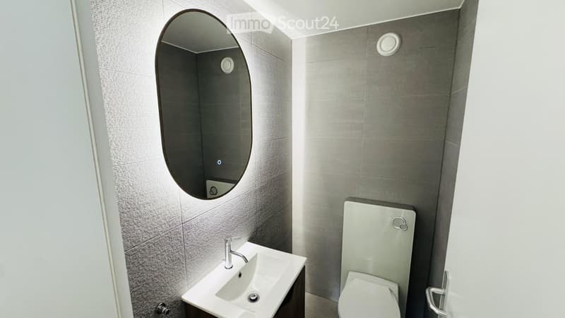 Modern bathroom with grey tiled walls, a white sink with a chrome faucet, a toilet, and an oval mirror above the sink.