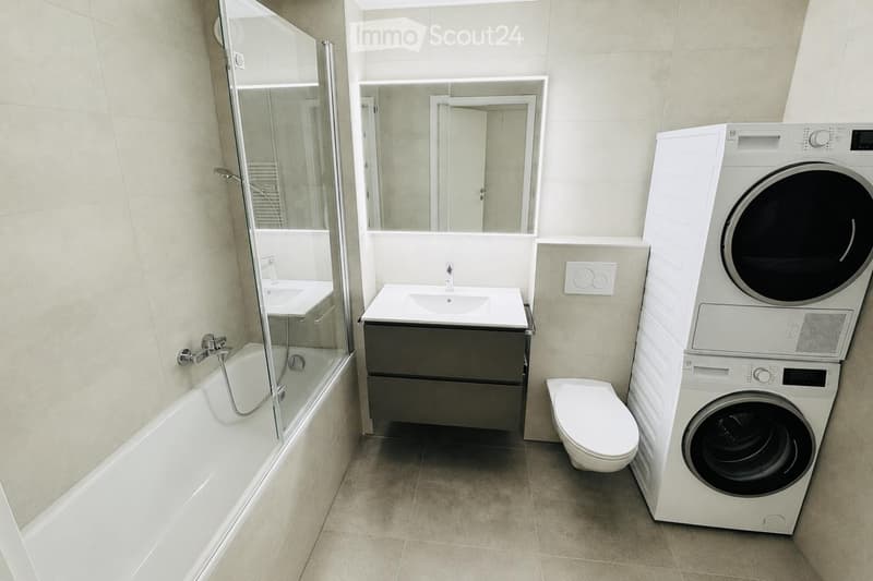 Modern bathroom with a bathtub, sink, toilet, washing machine, and a large mirror above the sink.