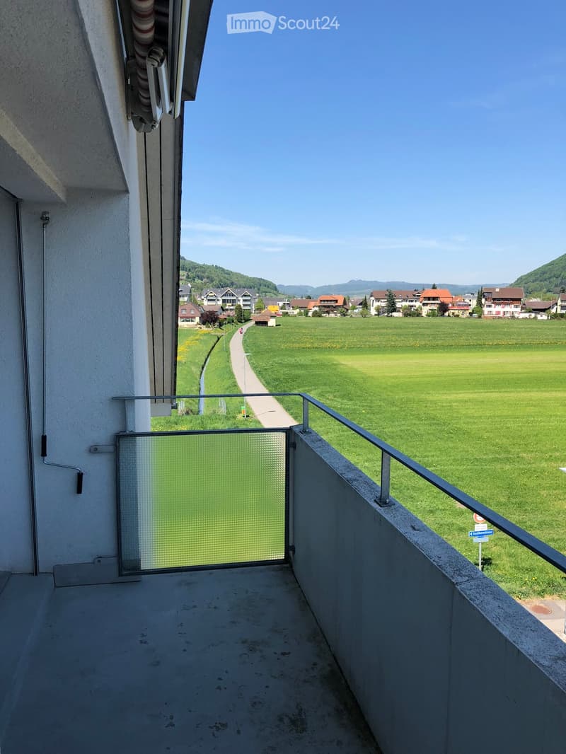 Balcony with metal railing, glass door, overlooking a green field and distant houses.