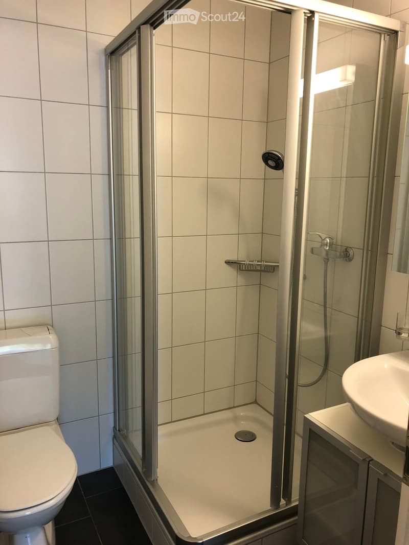 Modern bathroom with white tiled walls, a glass-enclosed shower stall, a toilet, and a sink with a modern faucet.