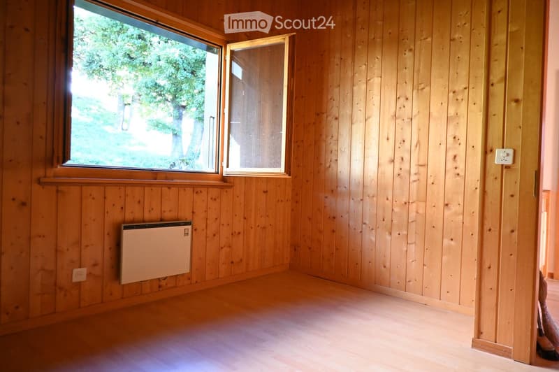 Empty room with wooden walls and floor, large window with view of greenery, radiator, and electrical outlet visible.