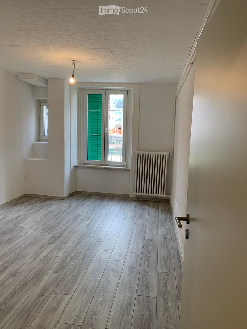 Empty room with light wooden flooring, white walls, a radiator, and a window with green shutters.