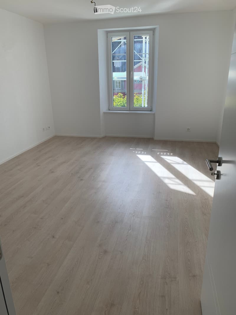 Empty room with light wooden flooring and white walls, featuring a large window with double doors and a radiator below it.
