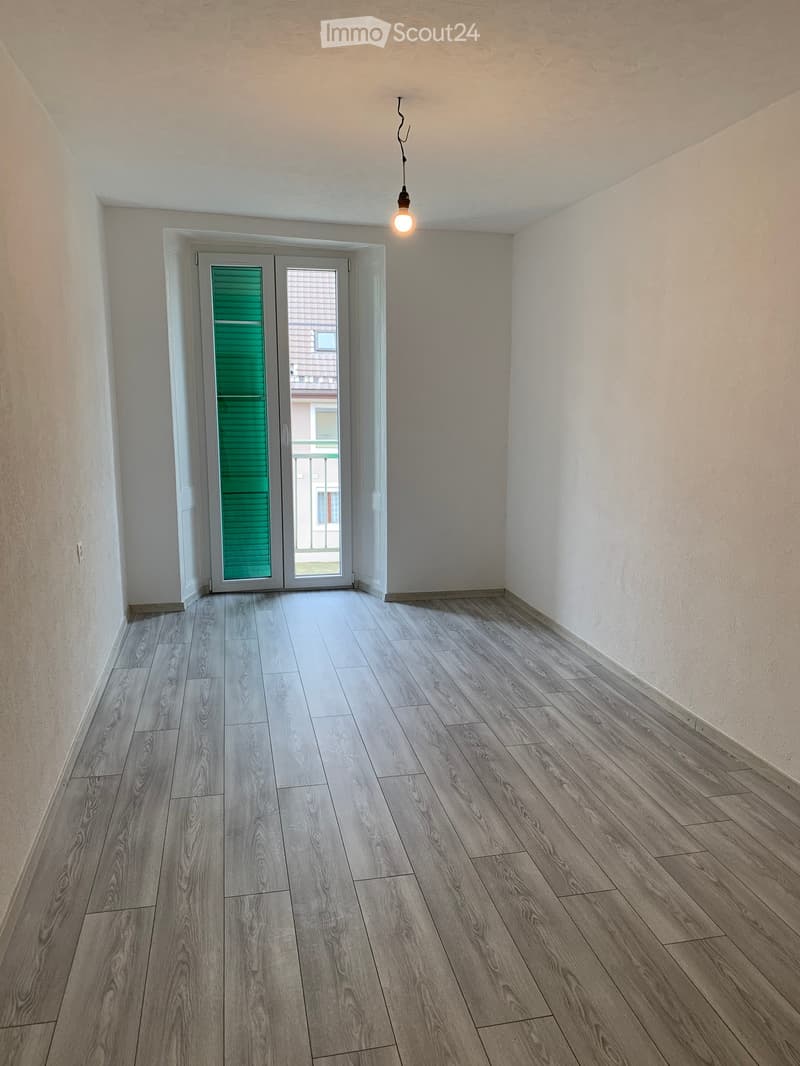 Empty room with light wooden flooring, white walls, and a single hanging light fixture. A white-framed door with green blinds leads to an outdoor area.