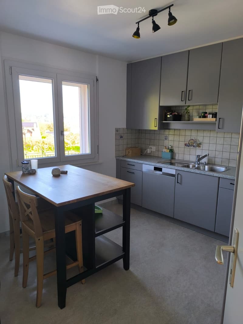 Modern kitchen with grey cabinets, a wooden island table, two chairs, a sink with a faucet, and a dishwasher. The kitchen features tiled backsplash and a window with a view of greenery.