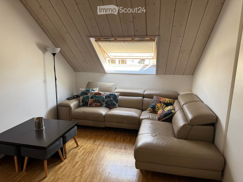 Cozy living room with a beige leather sectional sofa, colorful cushions, a small black table with a decorative item, and a floor lamp near a skylight window.