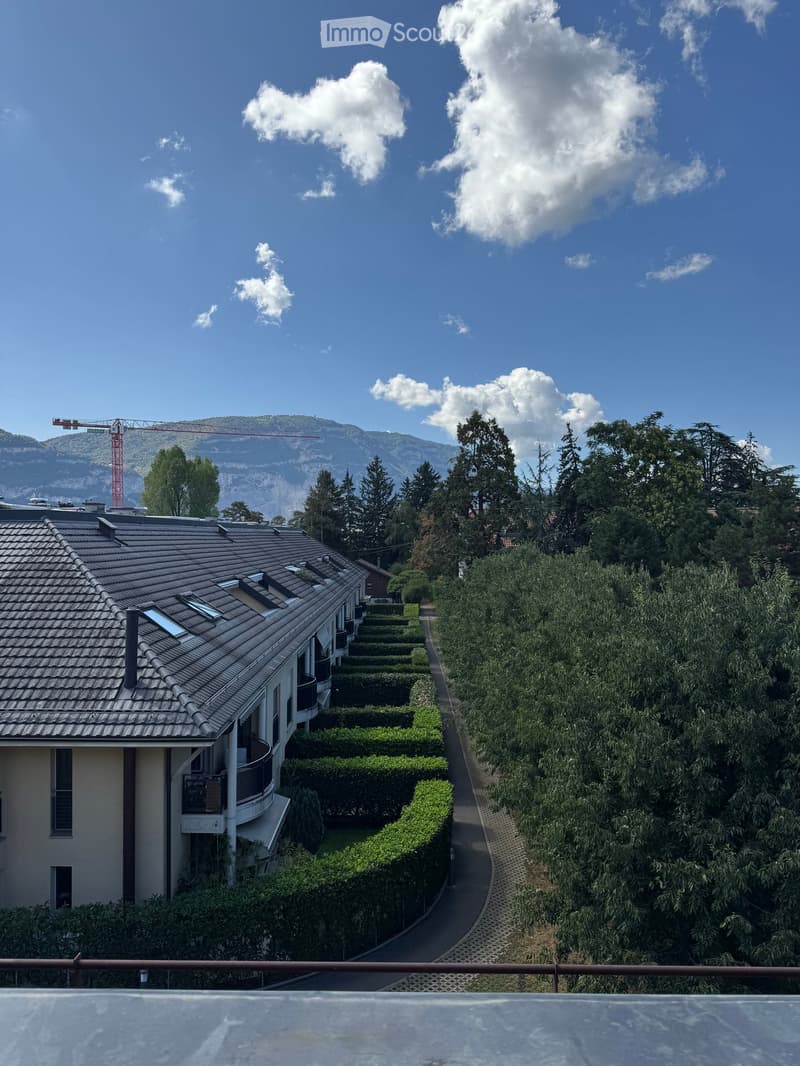 View from a rooftop showing a modern house with a tiled roof, balconies, and surrounding greenery, with a landscaped garden and distant mountains under a clear blue sky.