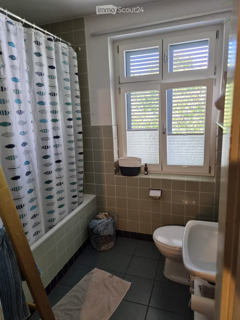 Bathroom with a bathtub, toilet, sink, and a shower curtain with fish patterns. There is a small window with blinds, a basket with clothes, and a towel on the floor.