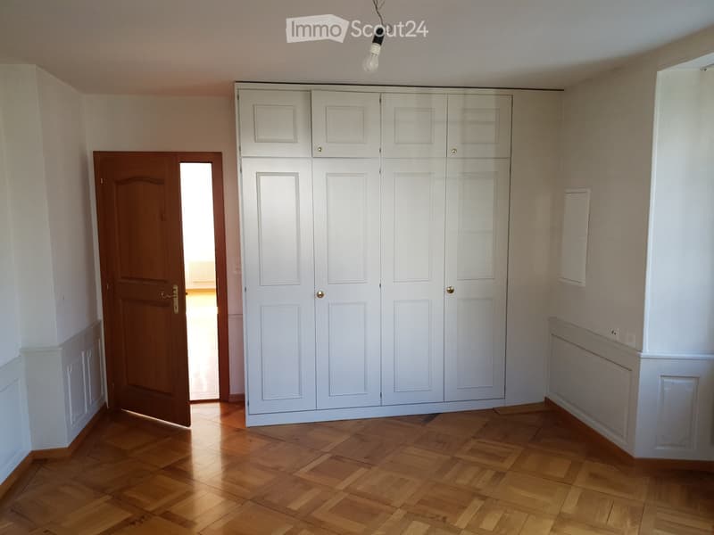 Empty room with wooden flooring, white built-in wardrobes, and a wooden door leading to another space.