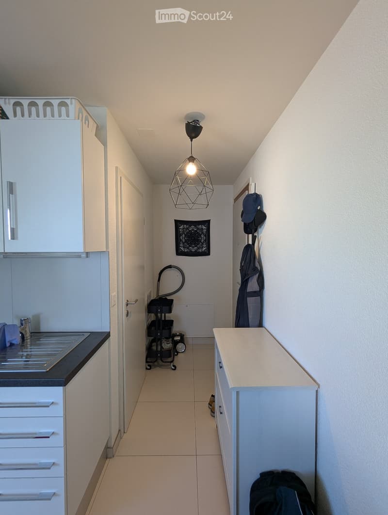 Narrow hallway with white walls, tiled floor, modern pendant light, small cabinet, and coat rack with jackets and hats.