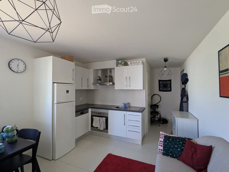 Modern, open-plan living and dining area with a kitchen. Features a grey sofa with colorful pillows, a dining table with chairs, a refrigerator, dishwasher, oven, sink, and white cabinets. A geometric pendant light hangs from the ceiling, and a clock is m