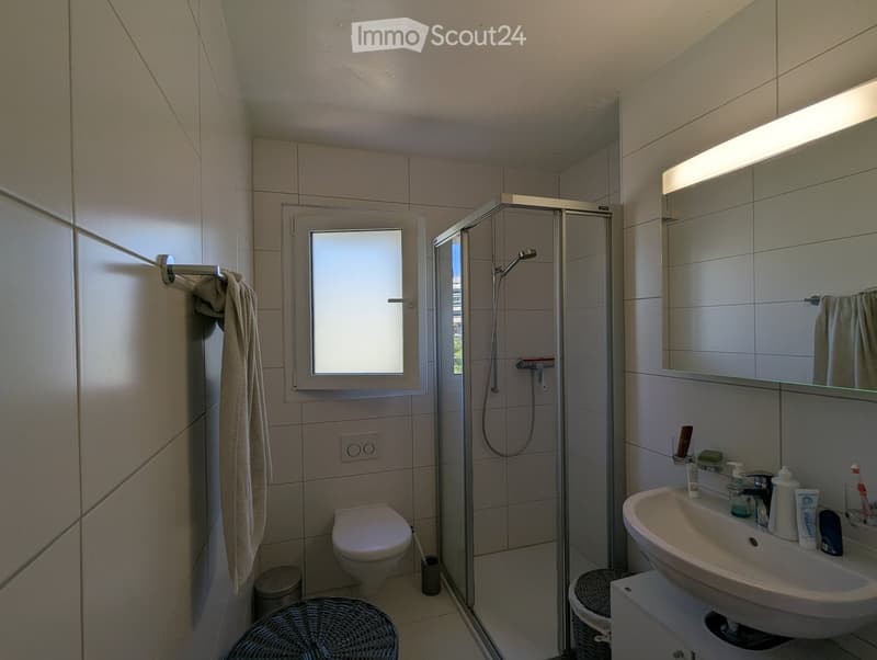 Modern bathroom with a toilet, sink, mirror, and walk-in shower. Features a frosted window, tiled walls, and a wicker stool.
