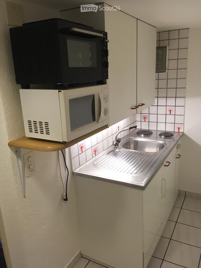 Compact kitchen with white cabinets, a stainless steel sink, a microwave, and a small countertop.