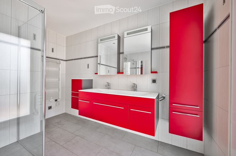 Modern bathroom with red cabinets, white sink, mirrored cabinet, and glass shower enclosure.